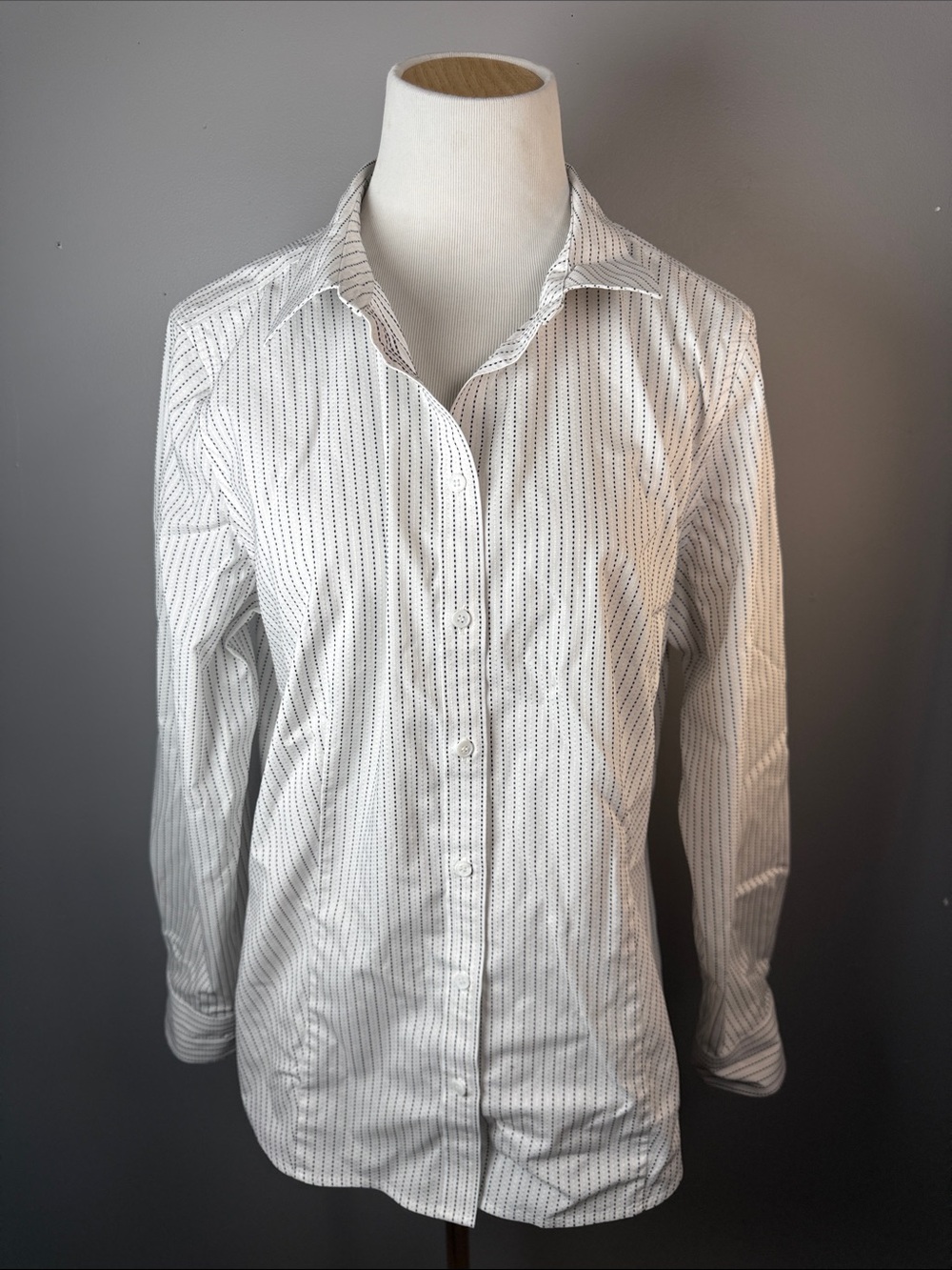 Talbots White Button-Down Shirt with Black Pin Dots
